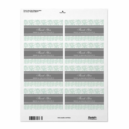 Gray Mint Damask Wedding Labels (Full Sheet)