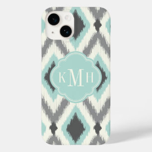 Gray & Mint Tribal Ikat Chevron Monogram Case-Mate iPhone 14 Hoesje
