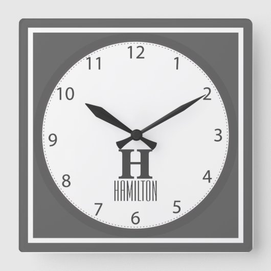 Gray Modern Monogram Vierkante Klok (Voorkant)