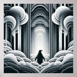Gray Monochromatic Lovey Baby Penguin Art Déco