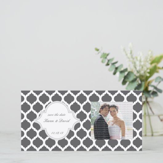 Gray Moroccan Pattern Save the Date Photo Cards (Staand voorkant)