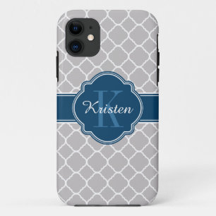 Gray Moroccan Quatrefoil Pattern Blue Monogram iPhone 11 Hoesje