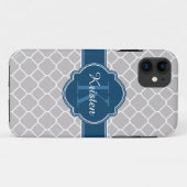 Gray Moroccan Quatrefoil Pattern Blue Monogram Case-Mate iPhone Case (Achterkant (horizontaal))