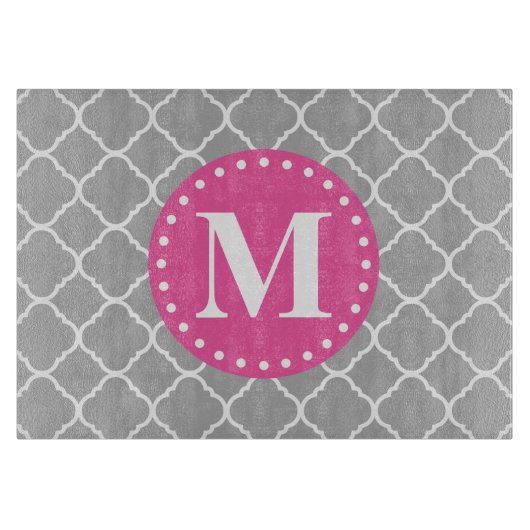 Gray Moroccan Quatrefoil Pattern roze Monogram Snijplank (Voorkant)
