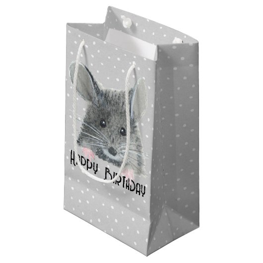 Gray Mouse op Polka Dots Klein Cadeauzakje (Voorkant Gekanteld)