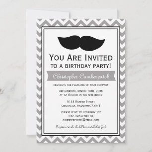Gray Mustache Chevron Birthday Party Kaart
