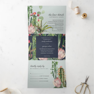 GRAY NAVY FLORAL CACTI FOLIAGE WATERVERF WEDDING DRIELUIK UITNODIGING