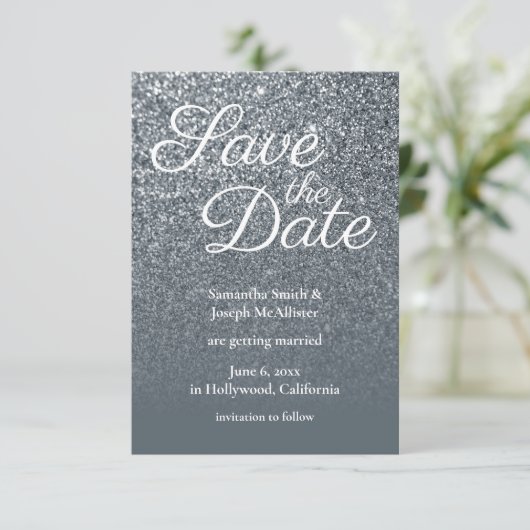Gray Ombre Glitter Foto opslaan Datum Kaart (Staand voorkant)