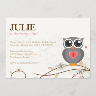 Gray Owl First Birthday Party Invitation Kaart