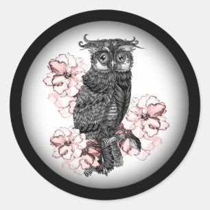 Gray Owl Roze Orchideeën Ronde Sticker