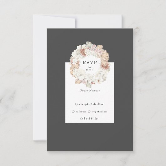 Gray Pampas Charcoal Wreath Boho Monogram Wedding RSVP Kaartje (Voorkant)