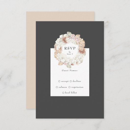 Gray Pampas Charcoal Wreath Boho Monogram Wedding RSVP Kaartje (Voorkant / Achterkant)