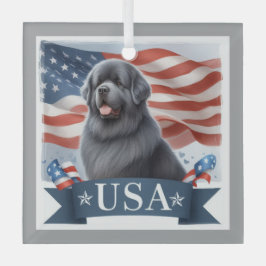 Gray Patriotic Newfoundland Dog Square Glas Ornament