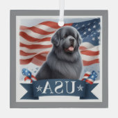 Gray Patriotic Newfoundland Dog Square Glas Ornament (Achterkant)