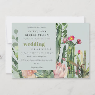 GRAY PINK FLORAL CACTI FAUNA WATERVERF WEDING KAART