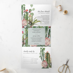 GRAY PINK FLORAL CACTI FOLIAGE WATERVERF WEDDING DRIELUIK UITNODIGING