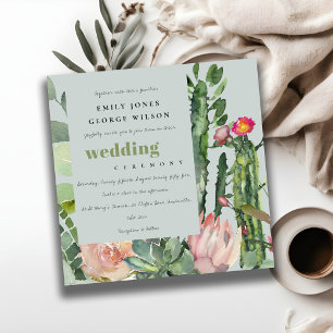 GRAY PINK FLORAL CACTI FOLIAGE WATERVERF WEDDING KAART