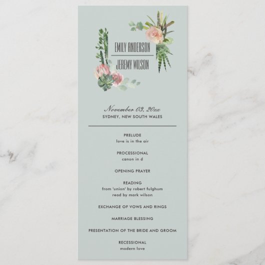 GRAY PINK FLORAL CACTI WEDDING CEREMONY PROGRAMMA (Voorkant)
