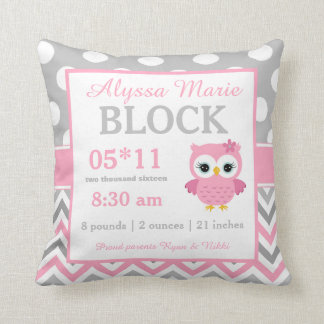 Gray Pink Owl Baby Announement Pillow Kussen
