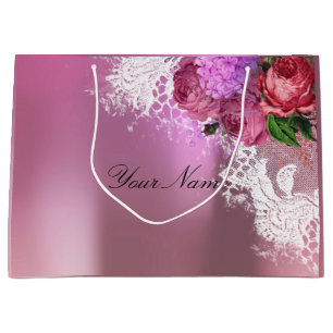 Gray Pink Red Peony White Lace Naam Metallic Large Cadeautasje