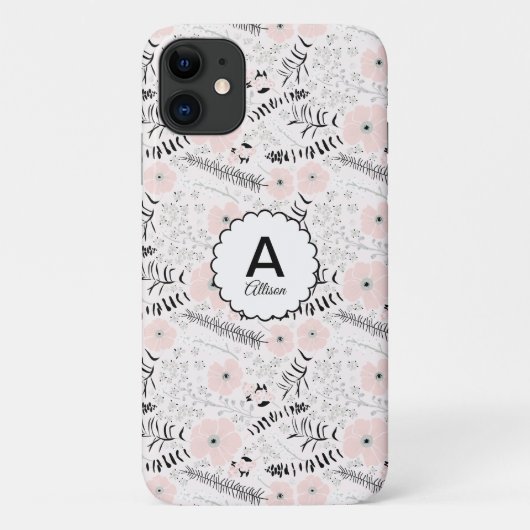 Gray Pink Whimsical Flowers Monogram Case-Mate iPhone Case (Achterkant)