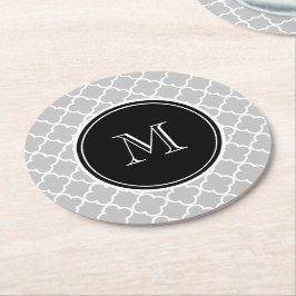 Gray Quatrefoil Pattern, Black Monogram Ronde Kartonnen Onderzetter