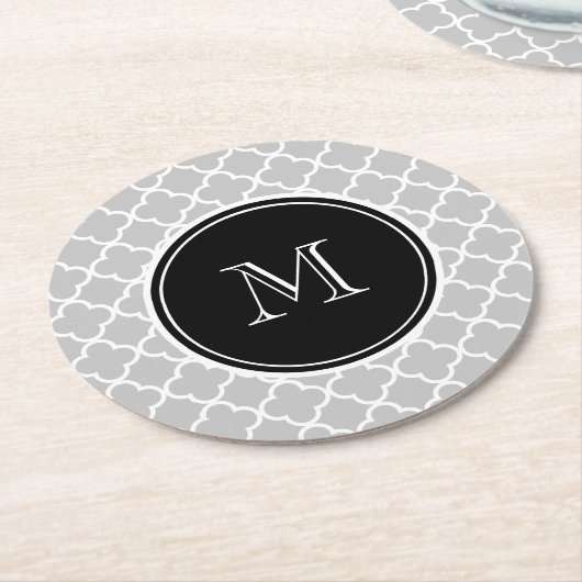Gray Quatrefoil Pattern, Black Monogram Ronde Kartonnen Onderzetter (Gebogen)