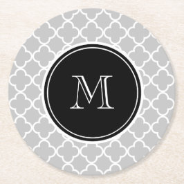 Gray Quatrefoil Pattern, Black Monogram Ronde Kartonnen Onderzetter