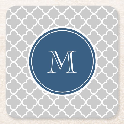 Gray Quatrefoil Pattern, Navy Blue Monogram Vierkante Kartonnen Onderzetter (Voorkant)