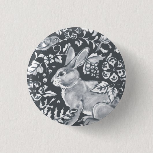 Gray Rabbit Pattern Floral Bird Woodland Ronde Button 3,2 Cm (Voorkant)