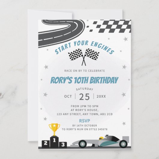 Gray Racing voiture Anniversaire Fête Invitation (Devant)