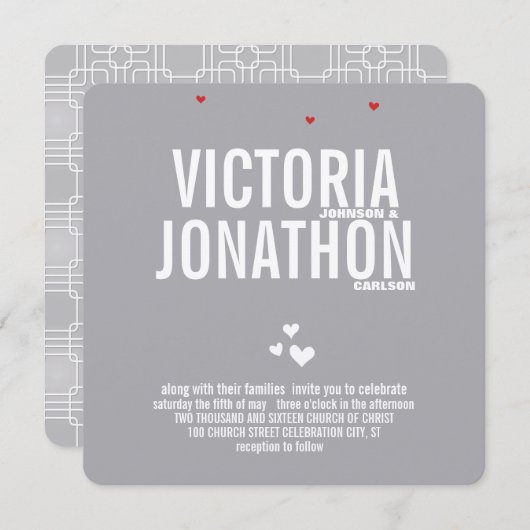 Gray Red Heart Modern Typography Wedding Kaart (Voorkant / Achterkant)
