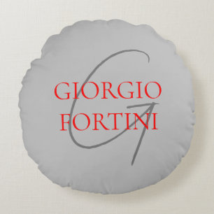 Gray Red Jouw naam Initiaal Monogram Modern Rond Kussen