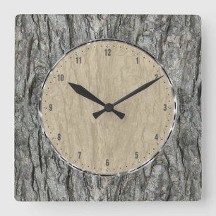 Gray Rustic Wood Bark Vierkante Klok