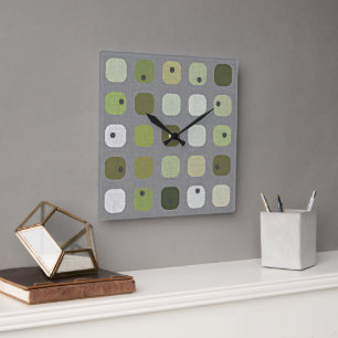 Gray Sage Olive Green Round Squares Art Patroon Vierkante Klok