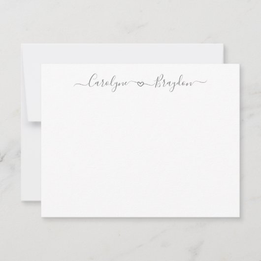 Gray Script Heart Couple Name Wedding Pas getrouwd Notitiekaartje (Voorkant)