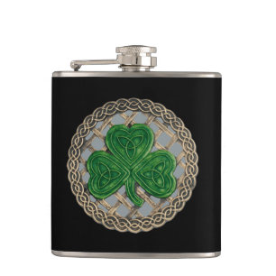 Gray Shamrock on Celtic Knots Flask Heupfles