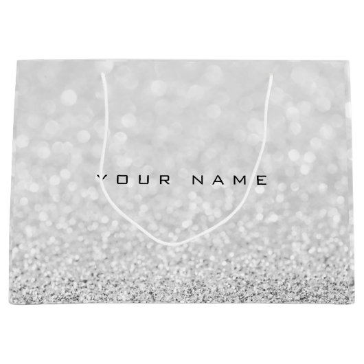 Gray Silver White Glitter Favor Gift Name Large Cadeauzakje (Voorkant)