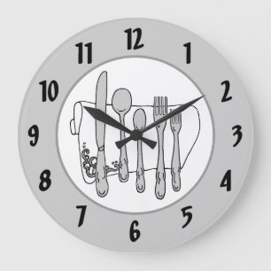 Gray Silverware White Napkin Black Numbers Clock Grote Klok