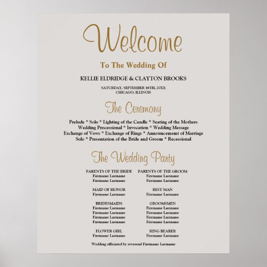 Gray Simple Wedding Ceremony Program Sign Poster (Voorkant)