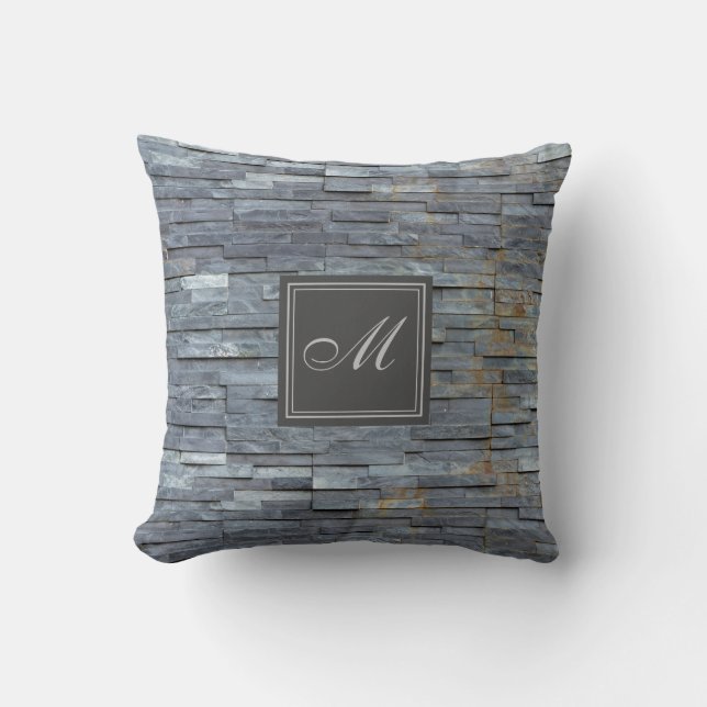 Gray Slate Monogram Kussen (Voorkant)