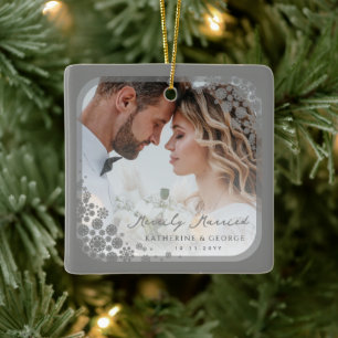 Gray Snowflakes Lijst Modern Holiday Weduwfoto Keramisch Ornament