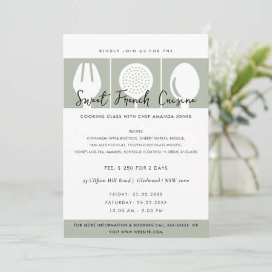 GRAY SPOON FORK COOKERY CLASS INVITE SJABLOON KAART (Staand voorkant)