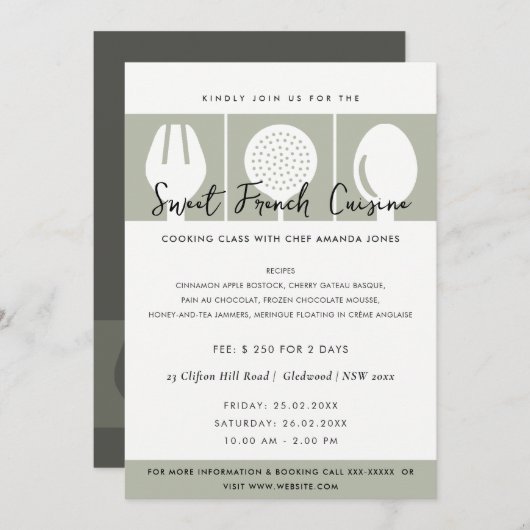 GRAY SPOON FORK COOKERY CLASS INVITE SJABLOON KAART (Voorkant / Achterkant)