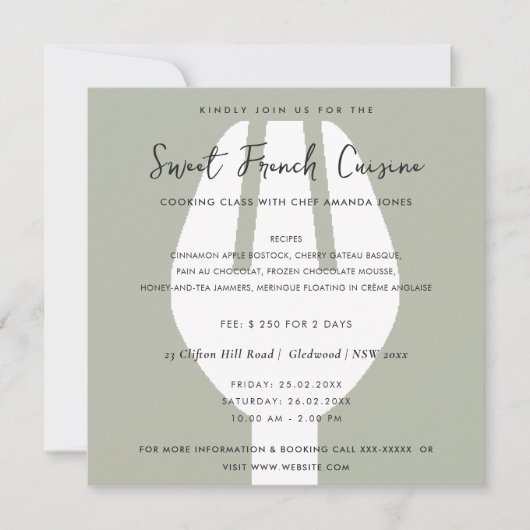 GRAY SPOON FORK COOKING CLASS INVITE SJABLOON KAART (Voorkant)