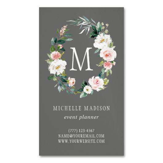 Gray Spring Blush Floral Wreatmonogram Magnetisch Visitekaartje (Voorkant Verticaal)