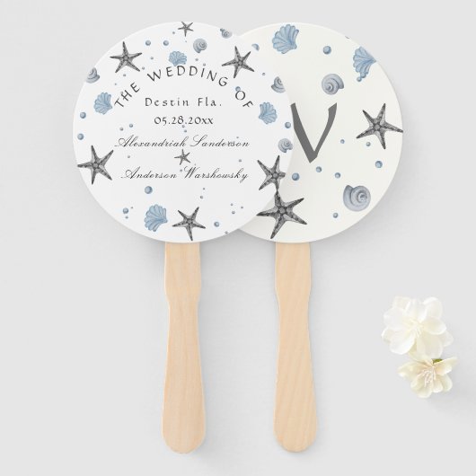 Gray Starfish Blue Beach Weddenschap Handwaaier (Voorkant en achterkant)