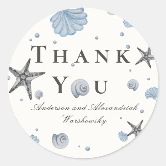 Gray Starfish Blue Shell Beach Wedding Ronde Sticker (Voorkant)