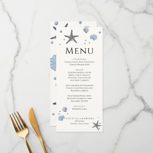 Gray Starfish Blue Shells Beach Wedding, menu (Voorkant / Achterkant in situ)