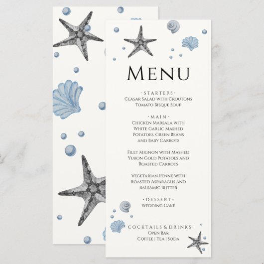 Gray Starfish Blue Shells Beach Wedding, menu (Voorkant / Achterkant)